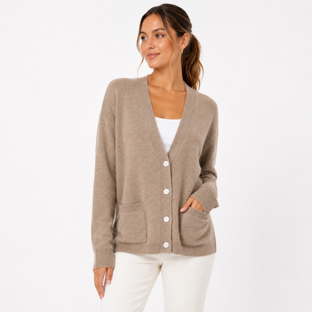 J.Crew Cashmere V-Neck Cardigan Sweater Tan Heather Oatmeal Button Front L